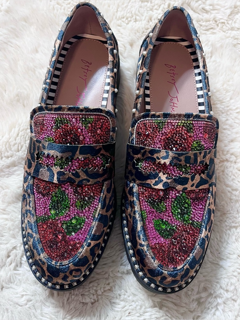 Betsey Johnson Darian Loafers Womens 7 Cheetah Floral Jeweled Slip On Shoes